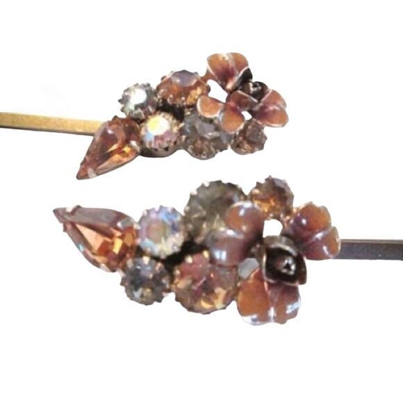 Handmade Accessories - Brown Floral Hairpin with Rhinestones Neutral Hair Vintage Barretts Vintage